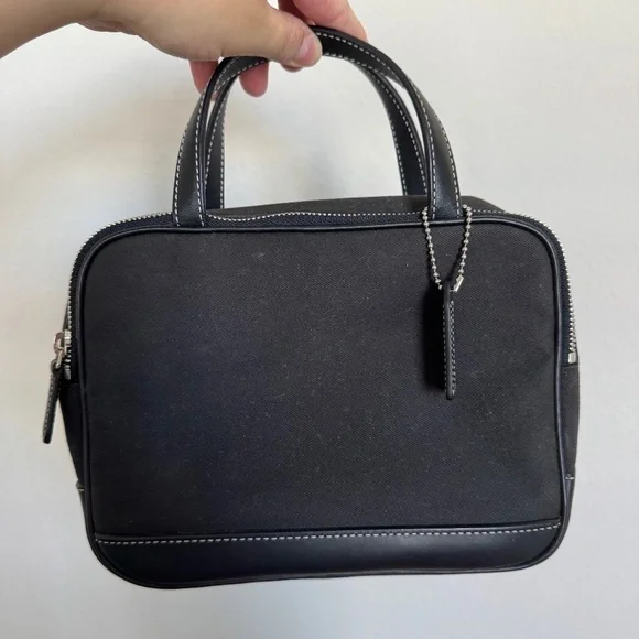 Coach Double Zipper Cosmetic Canvas and Leather Black Bag Purse