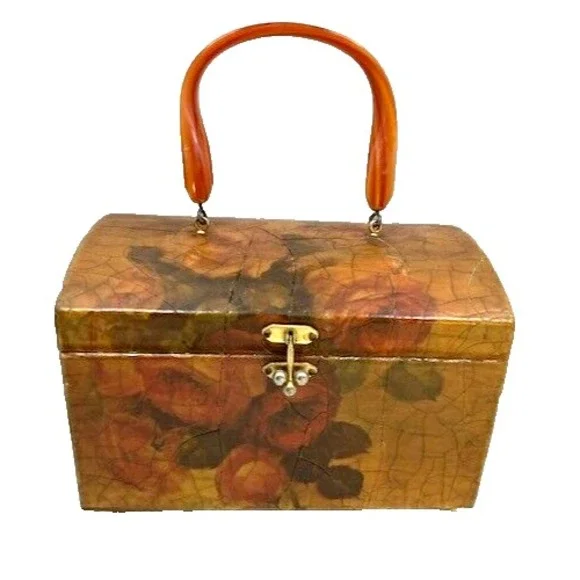 Vintage Floral Crackle Decoupage 1960s Textured‎ Wood Purse Lucite Handle