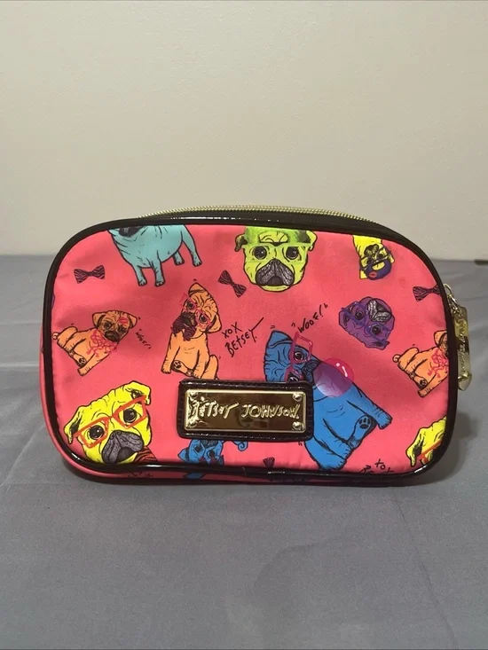 Betsey Johnson Black and Silver Script-Lined Cosmetic Pouch