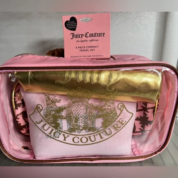 Juicy Couture Pink and Gold Compact travel Set cosmetic bags 4 count