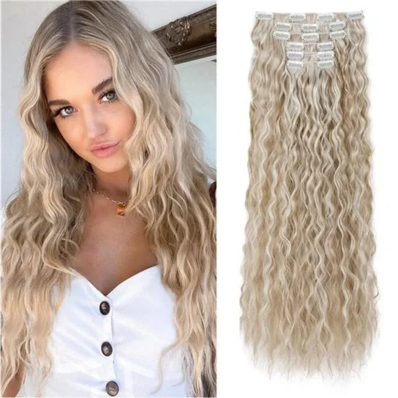 Clip In Hair Extensions, 6PCS Hair Extensions Blonde with White Highlight