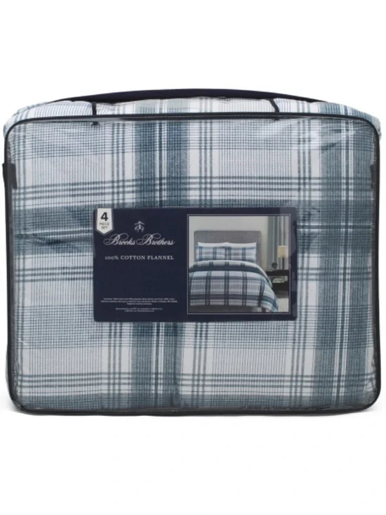Brooks Brothers Blue and White Plaid Cotton Flannel Bedding Set