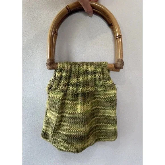 Women's Woven Handbag with Bamboo Handle Green Handmade Knit Yarn Purse Bag