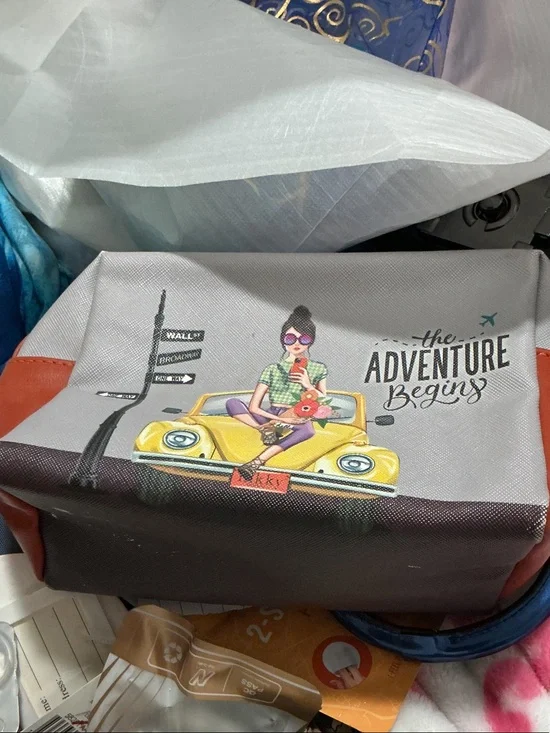 The Adventure Begins Travel Cosmetic Bag - Yellow Car Print