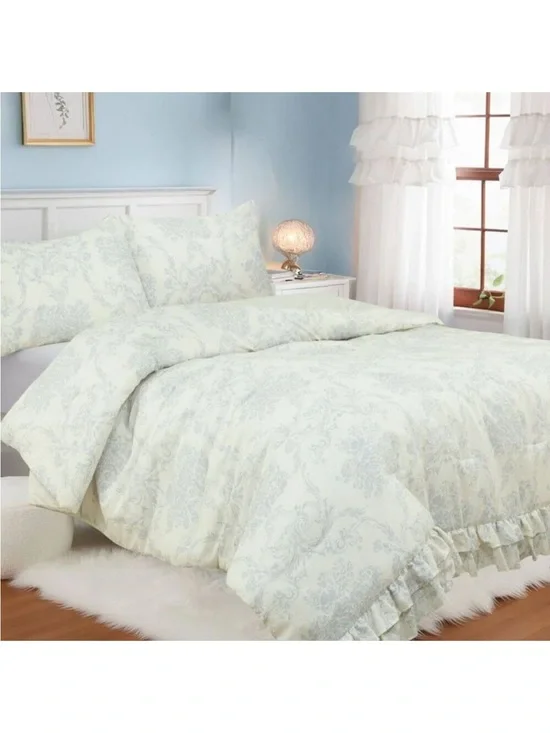 NEW! Harlow & Wren - Full/Queen Ruffle Comforter Set, Blue Floral, French Toile