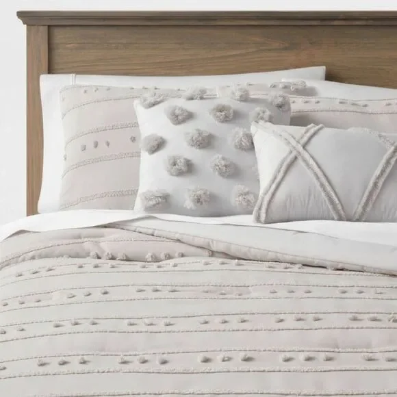 Threshold - 5pc Full/Queen Quinlan Clipped Stripe Dot Comforte Gray