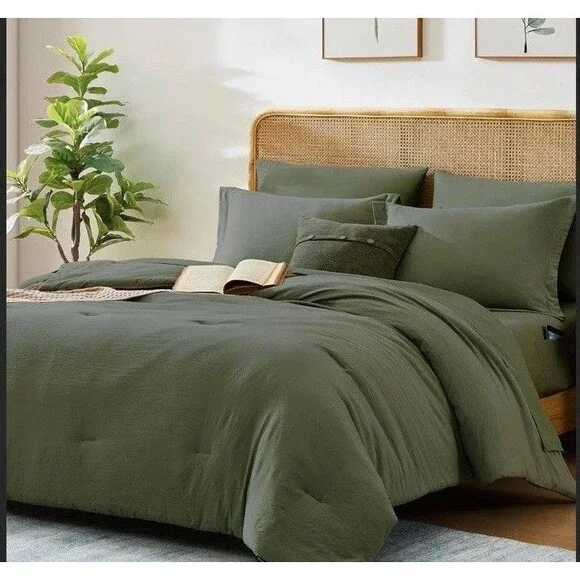 WRENSONGE King Size Comforter Set- 7 Pieces Soft Olive Green Bed