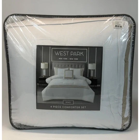 West Park New York Border Pattern White/Taupe King 4-Piece Comforter Set