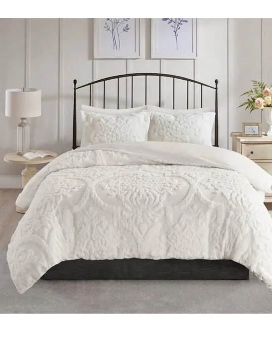 3pc Full/Queen Eugenia Cotton Damask Com forter Set White