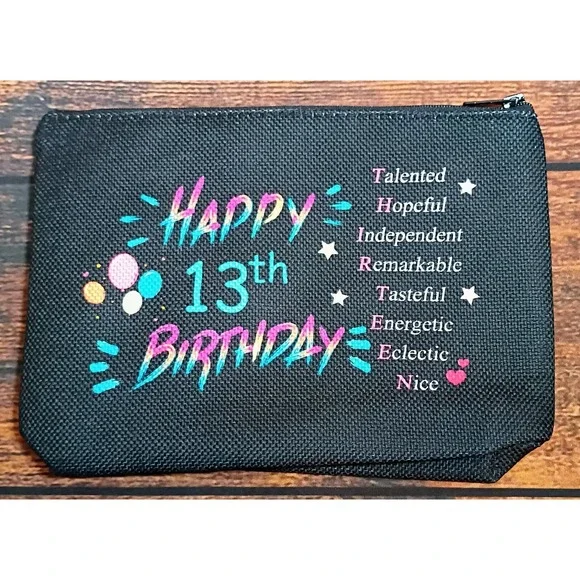 Happy 13th Birthday Makeup Bag Black Zipper Pouch Inspirational Gift for Teens‎
