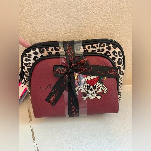 Ed Hardy Red and Leopard Cosmetic Makeup Bag Set