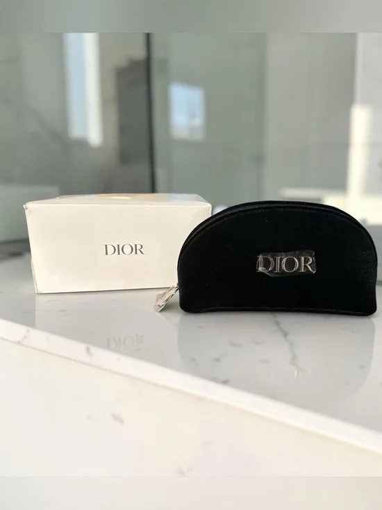 Dior Black Velvet Cosmetic Case with Silver Logo Plaque NIB