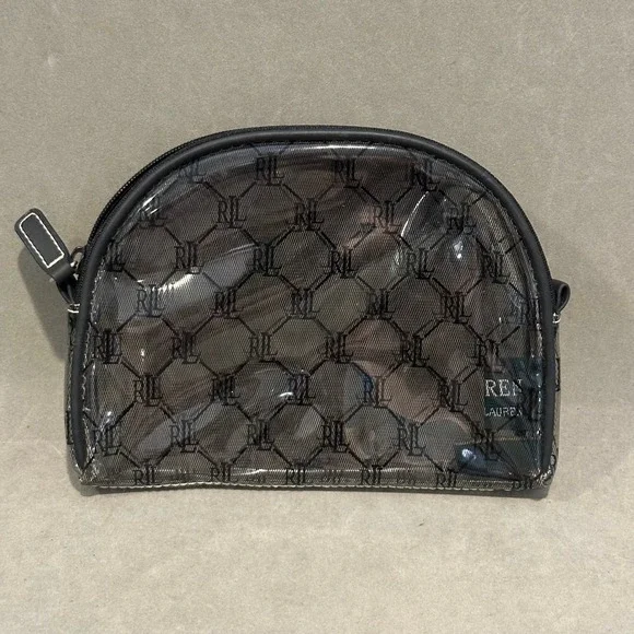 Lauren Ralph Lauren Clear RLL Monogram Cosmetic Bag Black Mesh Makeup Pouch Dome