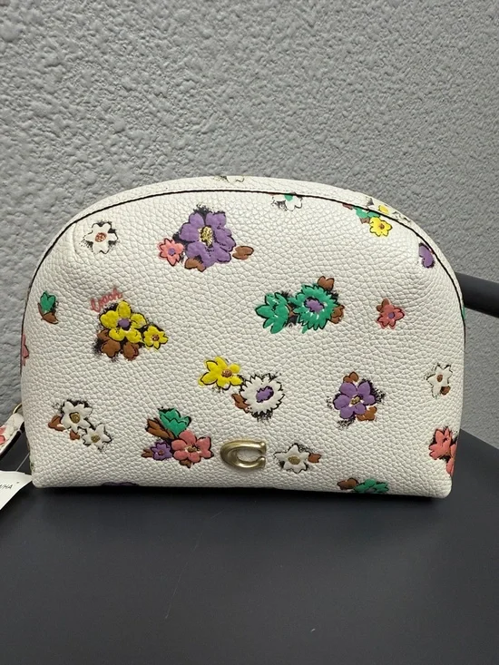 Coach White Floral Zip Cosmetic Pouch with Multicolor Blooms