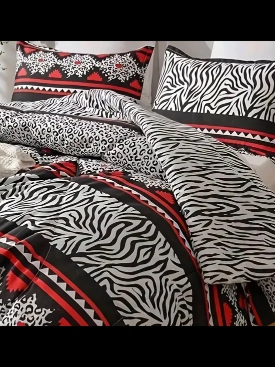 3pc Black, White & Red Animal Print Comforter Set