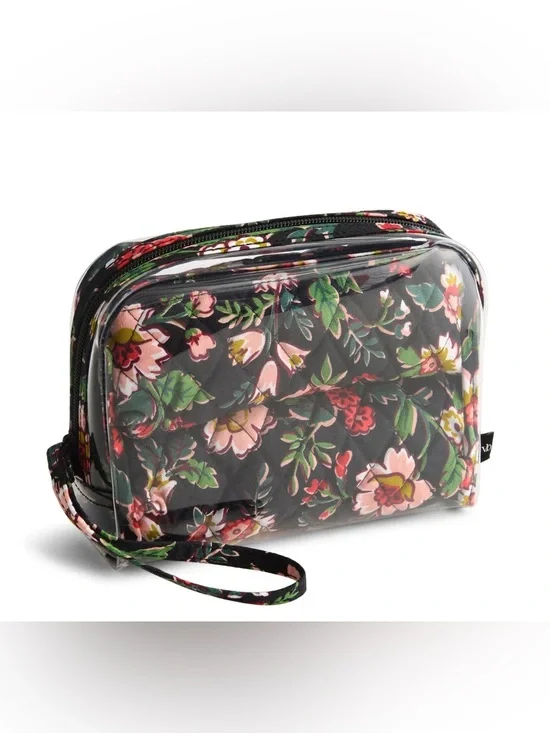 Vera Bradley 3 piece Makeup Cosmetic Pouch Travel Hidden Hearts Black Red Floral