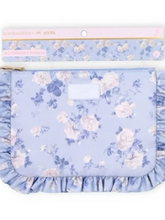 Love Shack Fancy Pencil Case Accessory Pouch Ruffle Floral Blue Zip Bag NEW
