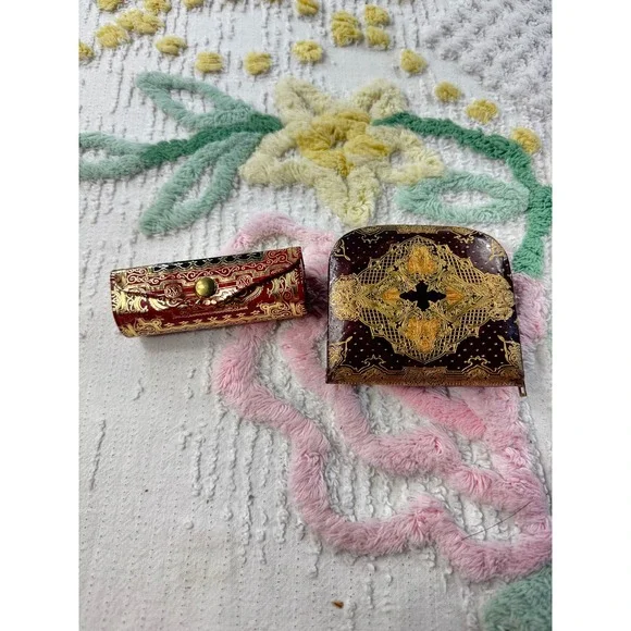 Vintage Italian Coin Purse Lipstick Holder Set‎ Ornate Gold Red