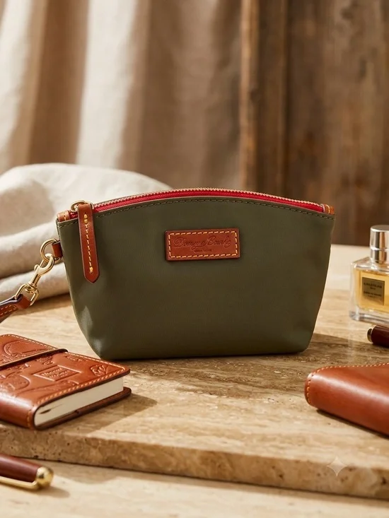 Dooney & Bourke Olive Nylon Cosmetic Pouch with Red Zipper and Leather Logo