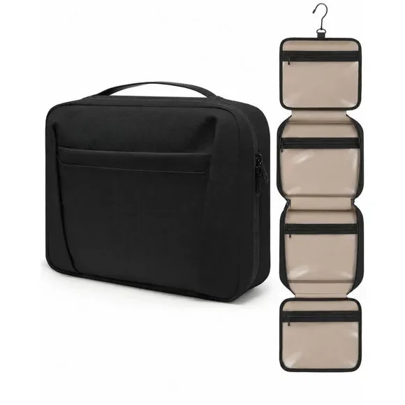 Hanging Travel Toiletry Bag 5 Compartments Water-Resistant Black Medium