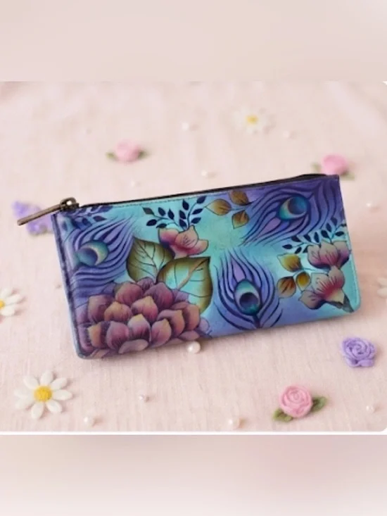 Anuschka Hand Painted Leather  Floral Peacock Feather Zip Pouch