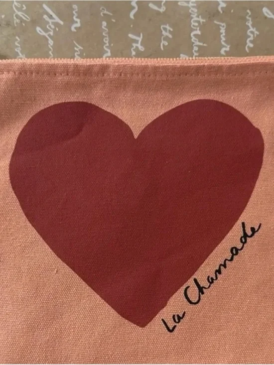 Sezane La Chamade Heart Canvas Pouch - Coral and Burgundy NWOT