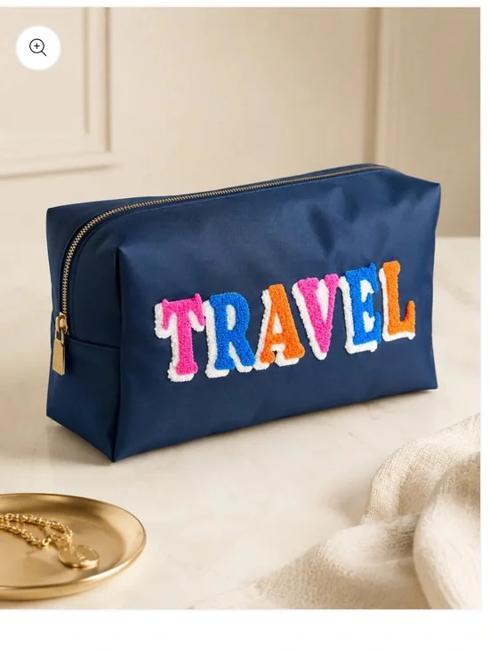 Navy Travel Embroidered Oversized Zip Pouch