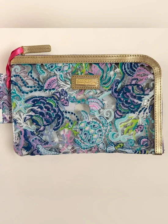 Lilly Pulitzer Vinyl Zip Pouch Sea Turtle Fish Beach Coastal NWT READ Travel Bag