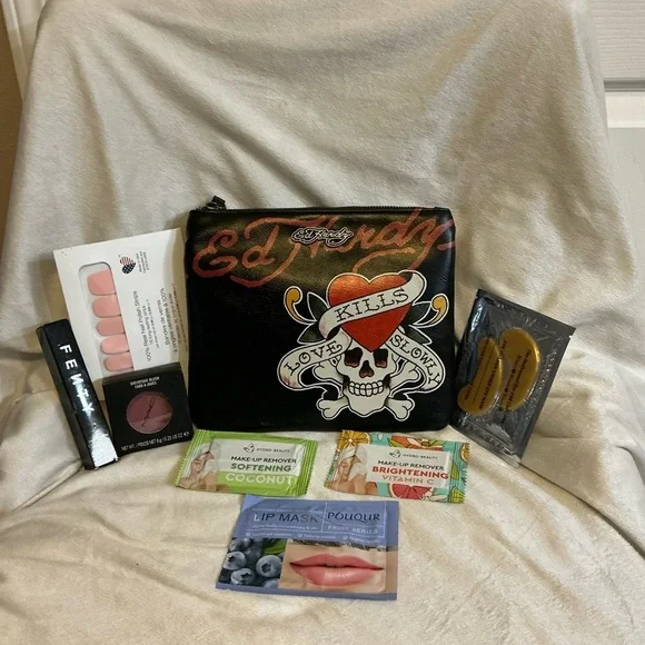 Ed Hardy Black and Red Skull Cosmetic Bag With Makeup Bundle (New) 8 pieces
