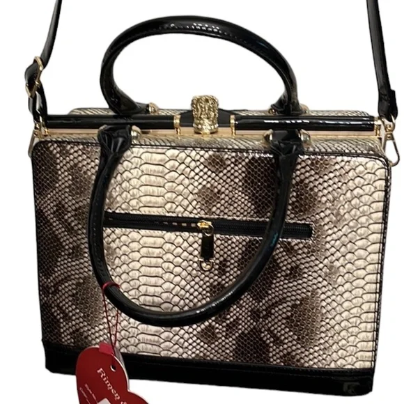 Rimen  & Co brown serpent print patent leather bag removable crossbody strap