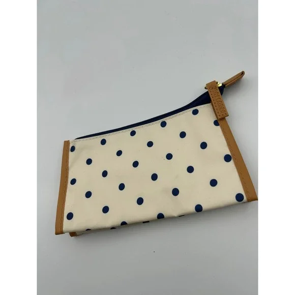 Estee Lauder Polka Dot Makeup Bag‎ Cream Navy Blue Tan Trim Cosmetic Pouch
