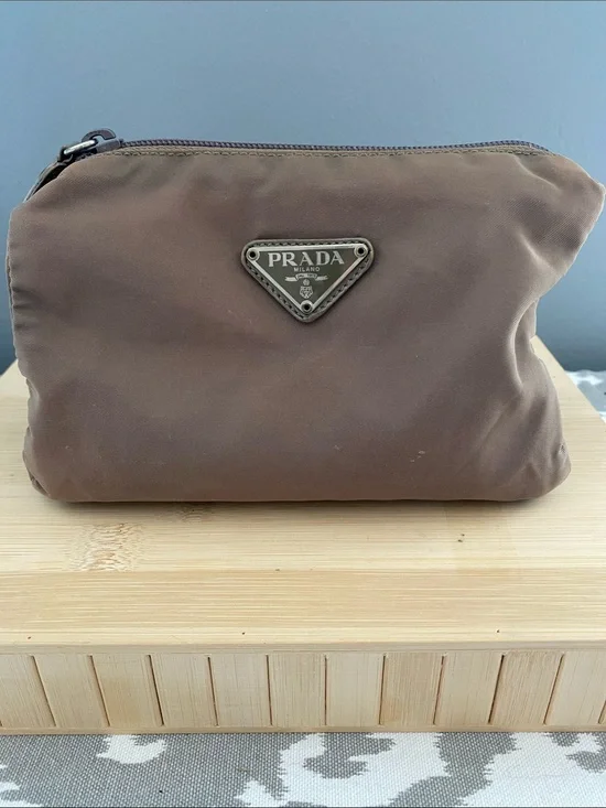 Prada Brown Nylon Toiletry/Cosmetic Pouch with Logo Plaque