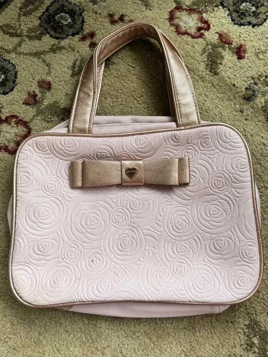 Betsey Johnson Pink Rose Gold Floral Bow Travel Cosmetic Bag