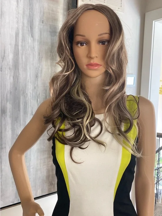 Long Wavy Women's Wig in Ash Brown with Blonde Highlights