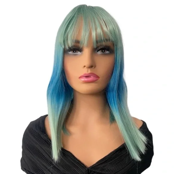 Medium hair Wig Aqua Green + Blue  balayage two tone 16” with bangs
