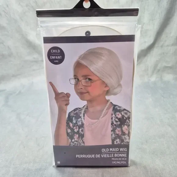 Old Maid Wig Old Lady White Fancy Dress Up Halloween Child Costume Accessory