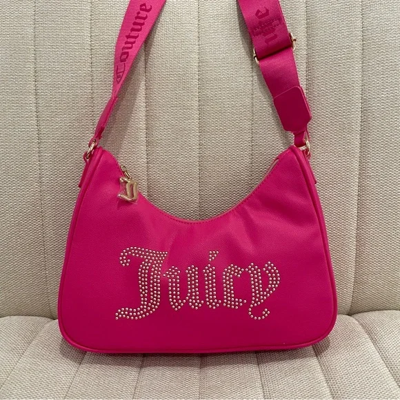 NEW Juicy Couture Hot Pink Studded Logo‎ Hobo Crossbody Bag Gold Hardware Y2K