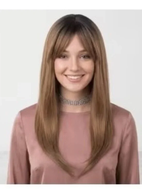 22 Inch STRAIGHT Dark Roots To Brown Synthetic Hair Wig With Bangs. (New In BAG)