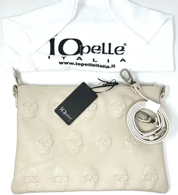 IO PELLE Italia Skull Embossed Leather Crossbody Bag Clutch Lt. Beige 14x10