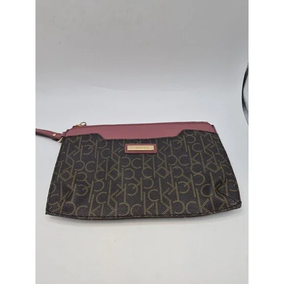 CALVIN KLEIN LEATHER WRISTLET CLUTCH BROWN & BURGUNDY MEDIUM HANDBAG PURSE