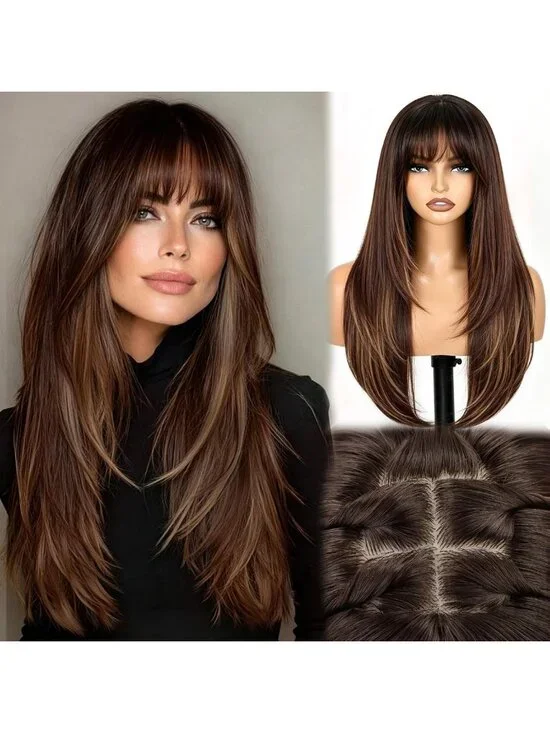 Layered Brown Highlight Wig with Bangs, 26