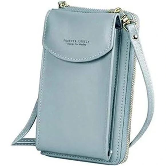Leather Crossbody‎ Cell Phone Bag Wallet Pouch Purse Sky Blue (6858)