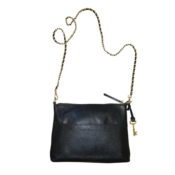 Fossil Fiona Crossbody Women Med Black Pebbled Leather ZB7266 Chain Strap READ
