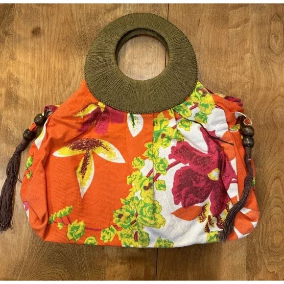 ICING Women's Orange Floral Design wooden tassels Tropical Handbag Purse