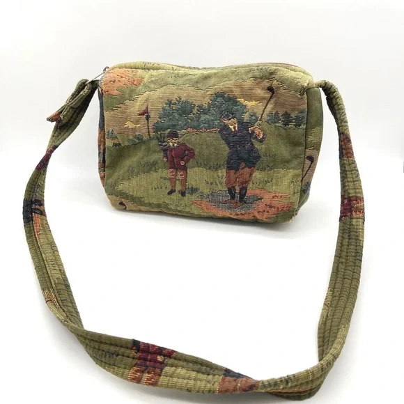 Vintage Golf Tapestry Crossbody Bag Green Scenic Woven Shoulder Purse