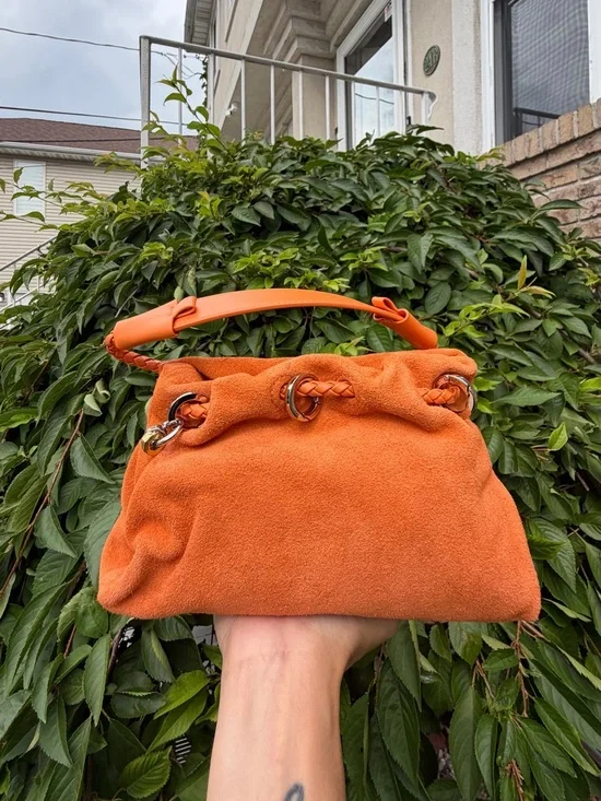 Orange Suede Bucket Bag Drawstring Crossbody Dumpling Cloud Pouch NWT
