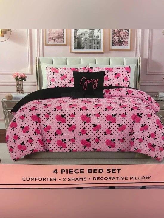 Juicy Couture Pink and Black Floral 4-Piece Comforter Set