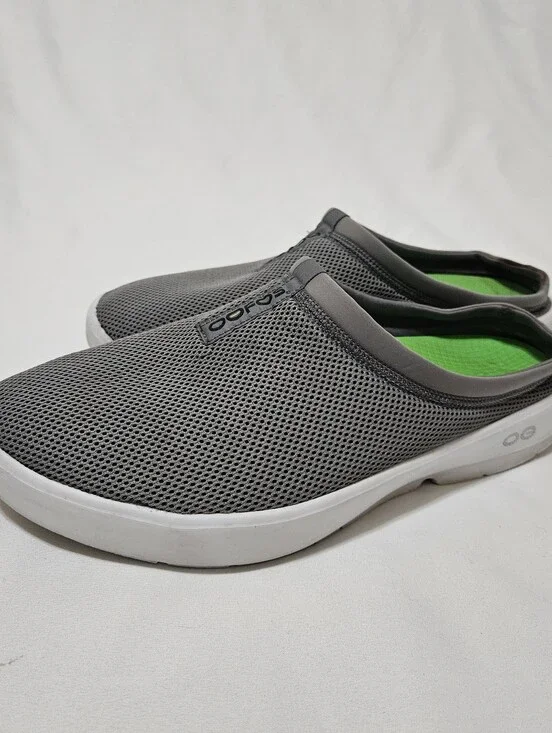 OOFOS OOcoozie Sport Mens Size 14 Mules Gray White Slip On Shoes Mesh Comfort