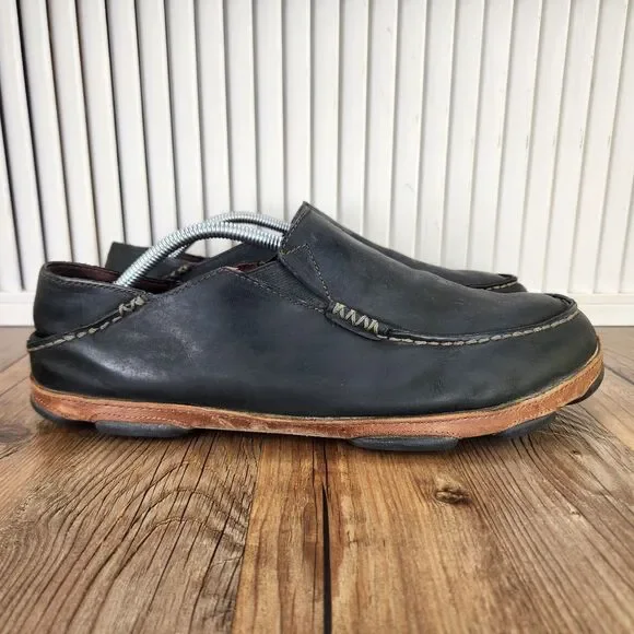 Olukai Moloa Leather Slip On Shoes Mens Sz 12 Black Brown Moc Toe Casual Loafers