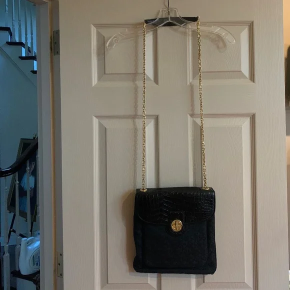 DKNY Black Croc Embossed Leather/Fabric Crossbody Handbag